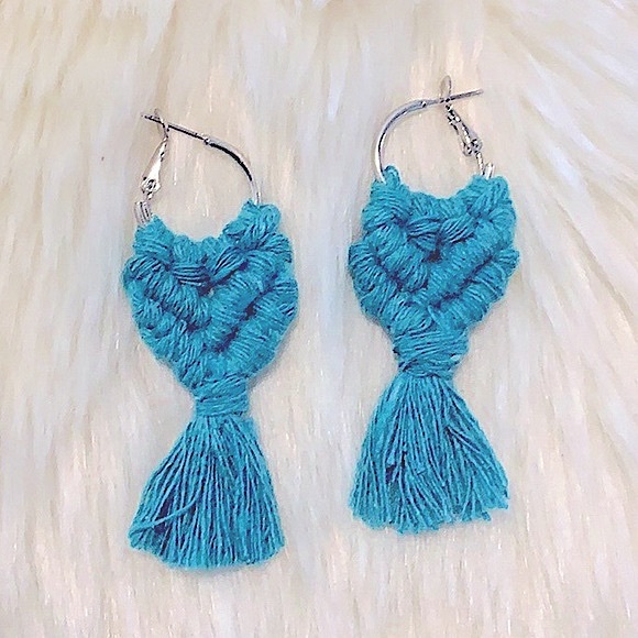 🆕*Macrame Earrings Handmade Teal Cotton Macrame Silver Hoops 4 Bohemian Goddess - Picture 3 of 16